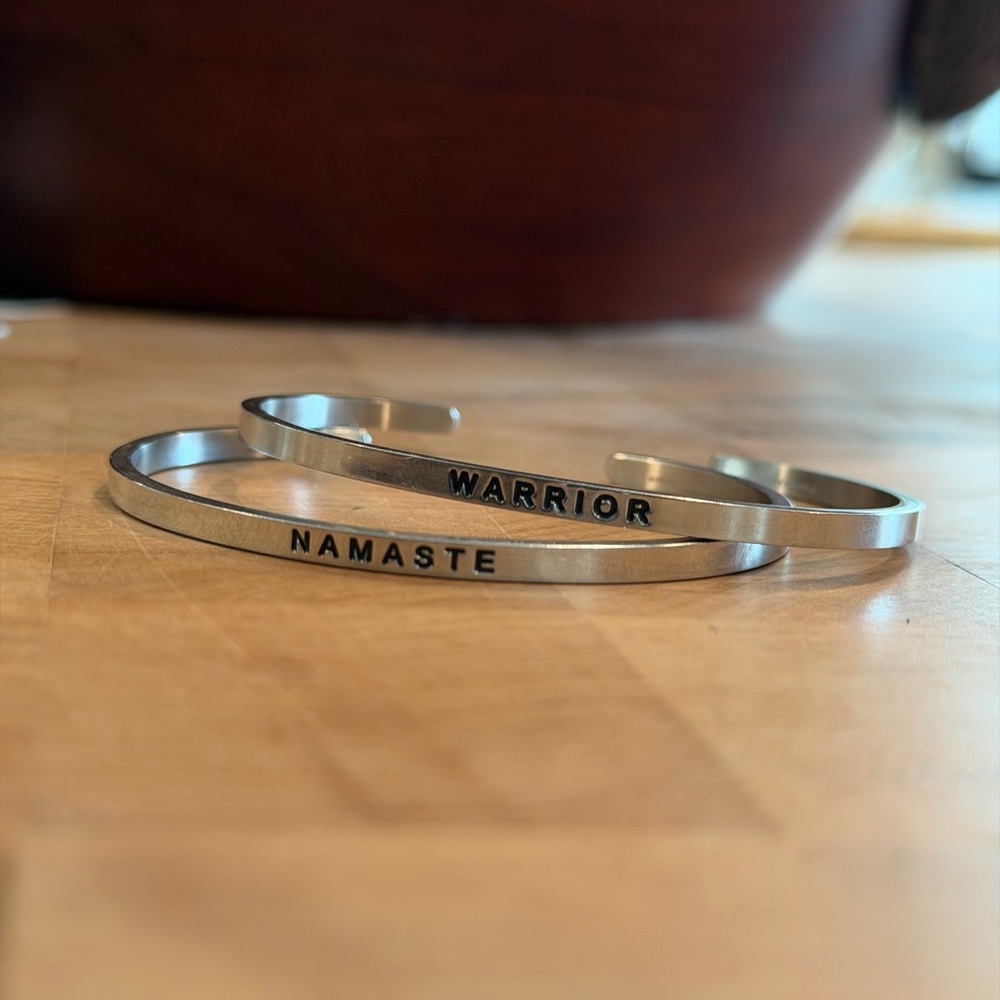 Silver 'Warrior' and 'Namaste' Engraved bracelets